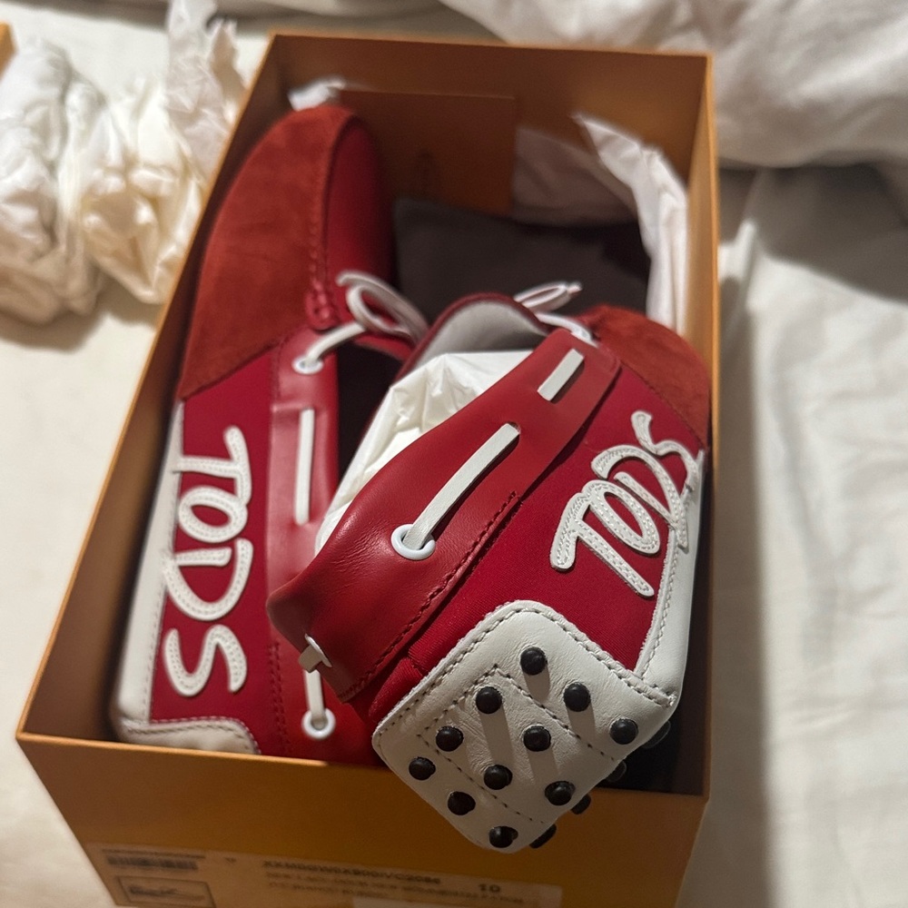 Tod's Bold Red and White Slip-On Loafers - Picture 5 of 8